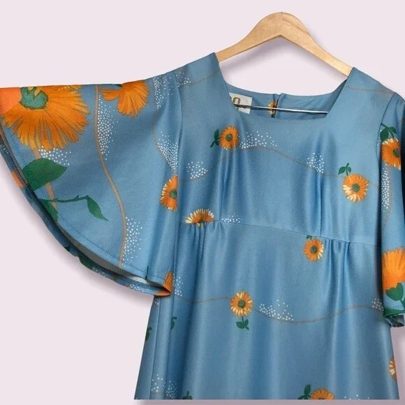 Vintage Maxi Dress Womens XS Blue Orange Floral 100 Parkhouse Dallas Cape Sleeve - Picture 3 of 10